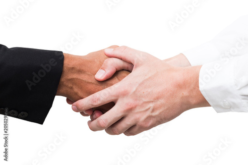 Closeup of a businessman handshake, isolated on white background business agreement concept