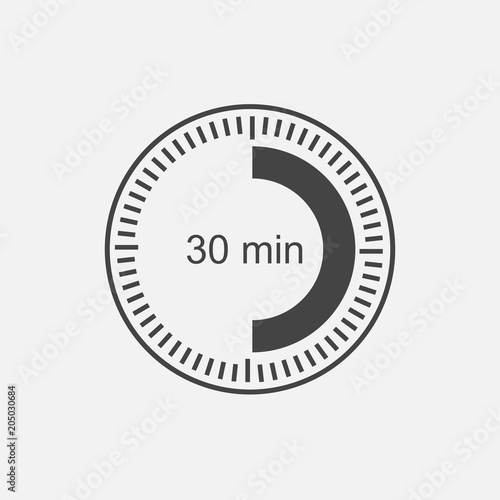A clock icon indicating a time interval of 30 minutes. thirty minutes on the clock
