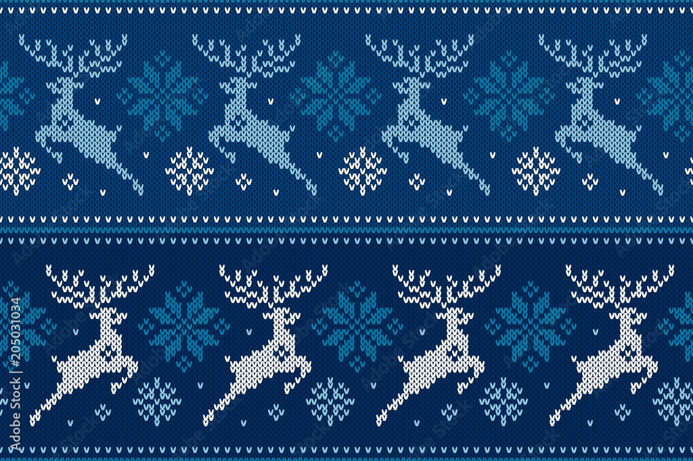 Naklejka premium Winter Holiday Seamless Knitting Pattern with Christmas Reindeer and Snowflakes. Wool Knitted Sweater Design