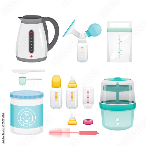 Icons Set Of Equipment For Feeding Baby, Mother’s day, Suckling, Infant, Motherhood, Innocence