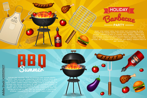 Barbecue grill elements set isolated on red background. BBQ party poster. Summer time. Meat restaurant at home. Charcoal kettle with tool, sauce and foods. Kitchen equipment for menu. Cooking outdoors