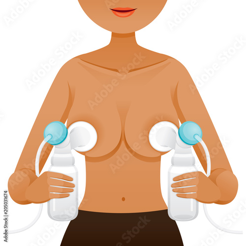 Dark Skin Mother Pumping Her Left And Right Breast With Automatic Breast Pump, Mother’s day, Suckling, Infant, Motherhood, Innocence