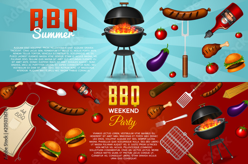 Barbecue grill elements set isolated on red background. BBQ party poster. Summer time. Meat restaurant at home. Charcoal kettle with tool, sauce and foods. Kitchen equipment for menu. Cooking outdoors