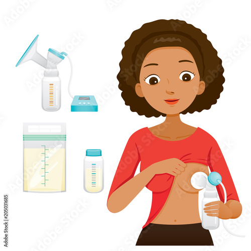 Dark Skin Mother Pumping Her Breast With Automatic Breast Pump. Breast Pump Set, Mother’s day, Suckling, Infant, Motherhood, Innocence