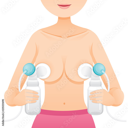 Mother Pumping Her Left And Right Breast With Automatic Breast Pump, Mother’s day, Suckling, Infant, Motherhood, Innocence