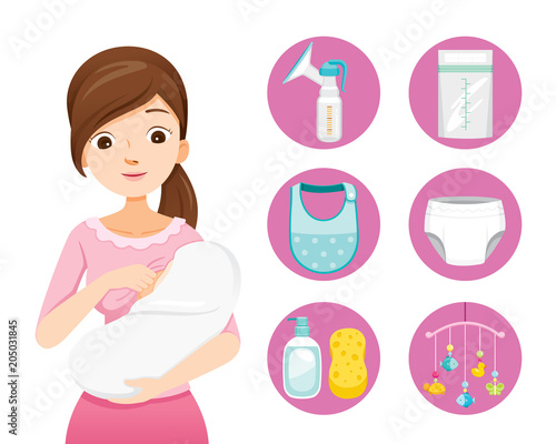 Mother Breastfeeding And Hugging Baby. Baby Icons Set, Mother’s day, Suckling, Infant, Motherhood, Innocence