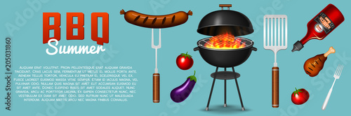 Barbecue grill elements set isolated on red background. BBQ party poster. Summer time. Meat restaurant at home. Charcoal kettle with tool, sauce and foods. Kitchen equipment for menu. Cooking outdoors