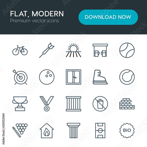 Modern Simple Set of sports, nature, buildings Vector outline Icons. Contains such Icons as  wheel,  arena,  column,  smoke,  dartboard, bio and more on white background. Fully Editable. Pixel Perfect