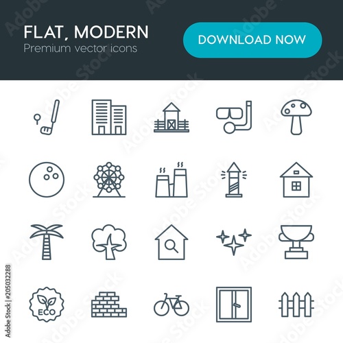 Modern Simple Set of sports, nature, buildings Vector outline Icons. Contains such Icons as mask,  farm,  city,  star, nature,  tree,  cycle and more on white background. Fully Editable. Pixel Perfect