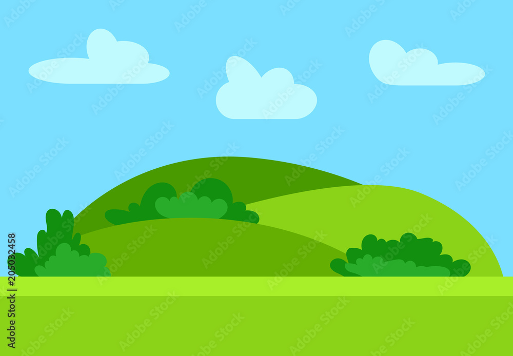 Natural cartoon landscape in the flat style with green hills, blue sky and clouds at sunny day. Vector illustration
Natural cartoon landscape in the flat style with green hills, blue sky and clouds at sunny day. Vector illustration