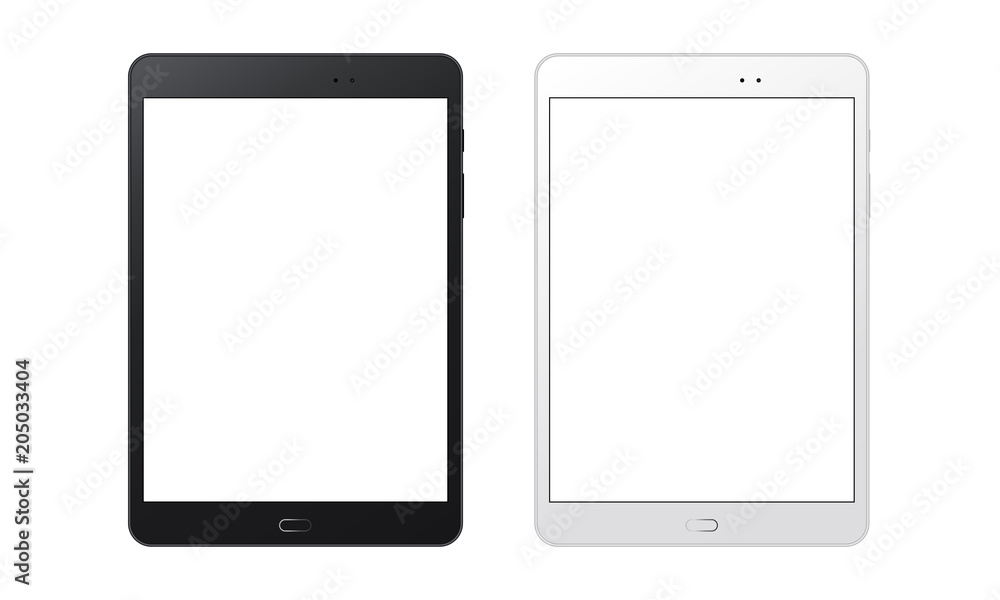Black and white tablet computers mockups with blank screens. Responsive screens to display your mobile web site design. Vector illustration Black and white tablet computers mockups with blank screens. Responsive screens to display your mobile web site design. Vector illustration