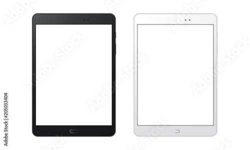 Black and white tablet computers mockups with blank screens. Responsive screens to display your mobile web site design. Vector illustration photo