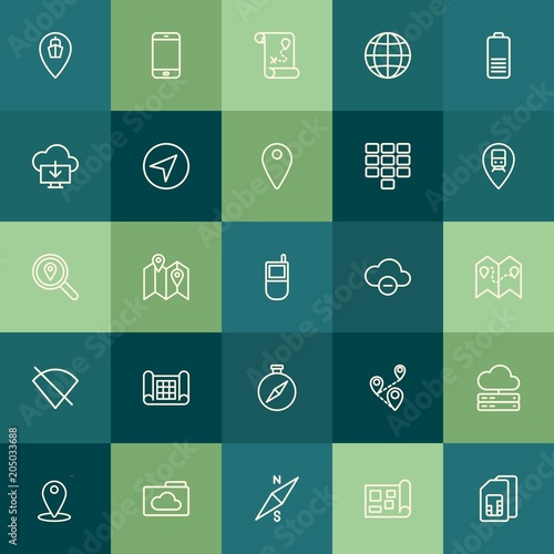 Modern Simple Set of location, cloud and networking, mobile Vector outline Icons. Contains such Icons as  communication,  graphic,  globus and more on green background. Fully Editable. Pixel Perfect.