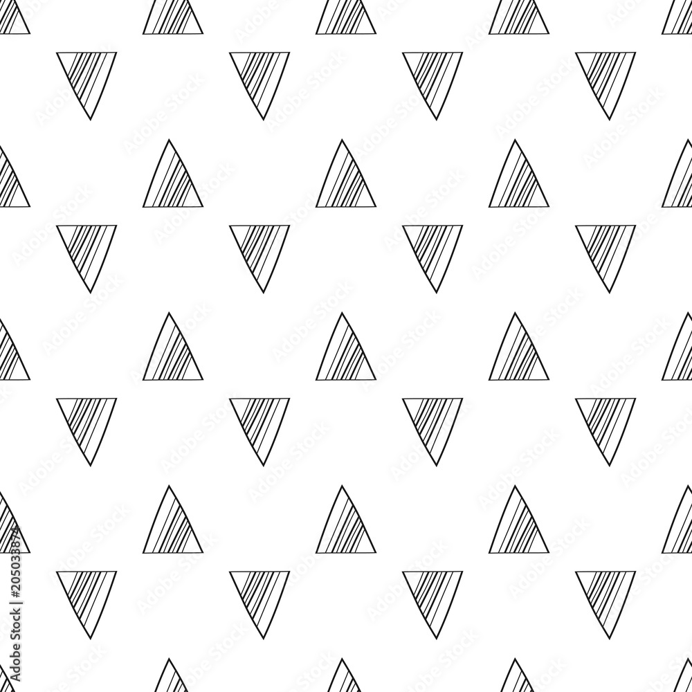 Triangles. Black and white seamless pattern. Geometric, abstract background for covers, textile. Doodle shapes.