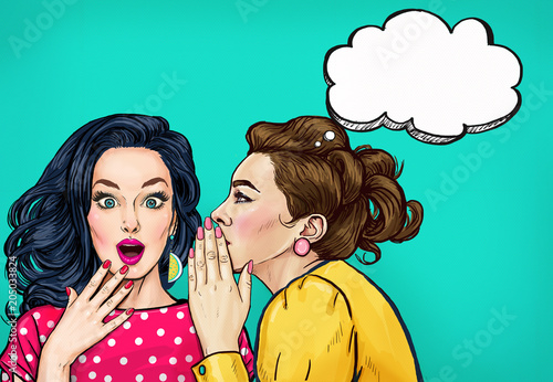 Pop art women gossip with thought bubble. Advertising poster or disco flayer design of female conversation. Two beautiful girls talking about you. photo
