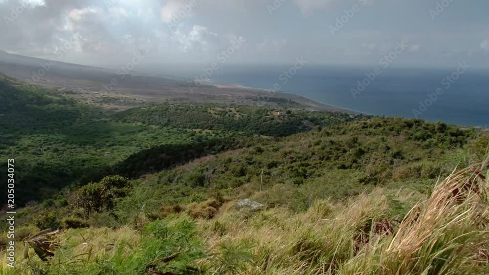 Coastline and destroyed by volcano eruption Plymouth on Montserrat island, Caribbean region Coastline and destroyed by volcano eruption Plymouth on Montserrat island, Caribbean region