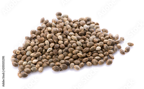 Cannabis Hemp seeds close up macro shot isolated on white background