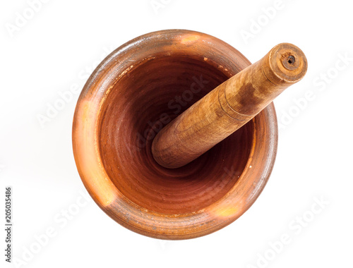 Mortar and Pestle for Asian food of top view on white ground 