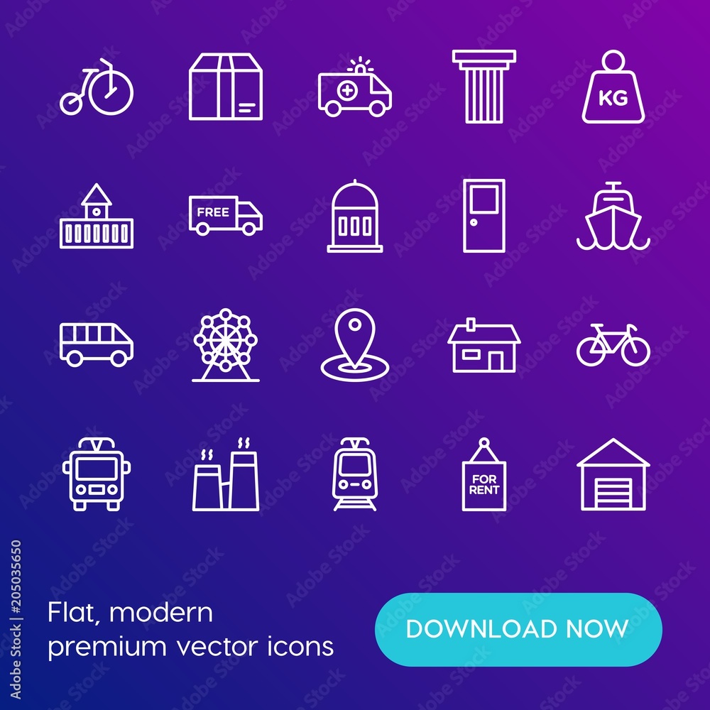 Modern Simple Set of transports, shopping, buildings Vector outline Icons. Contains such Icons as london,  sport,  house,  box,  classic and more on gradient background. Fully Editable. Pixel Perfect.