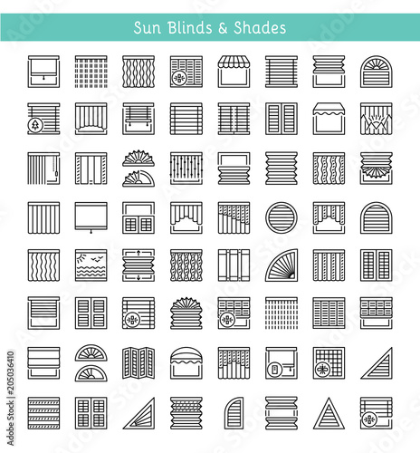 Blinds & Shades. Sun protection. Different kinds of jalousies. Line icon collection.