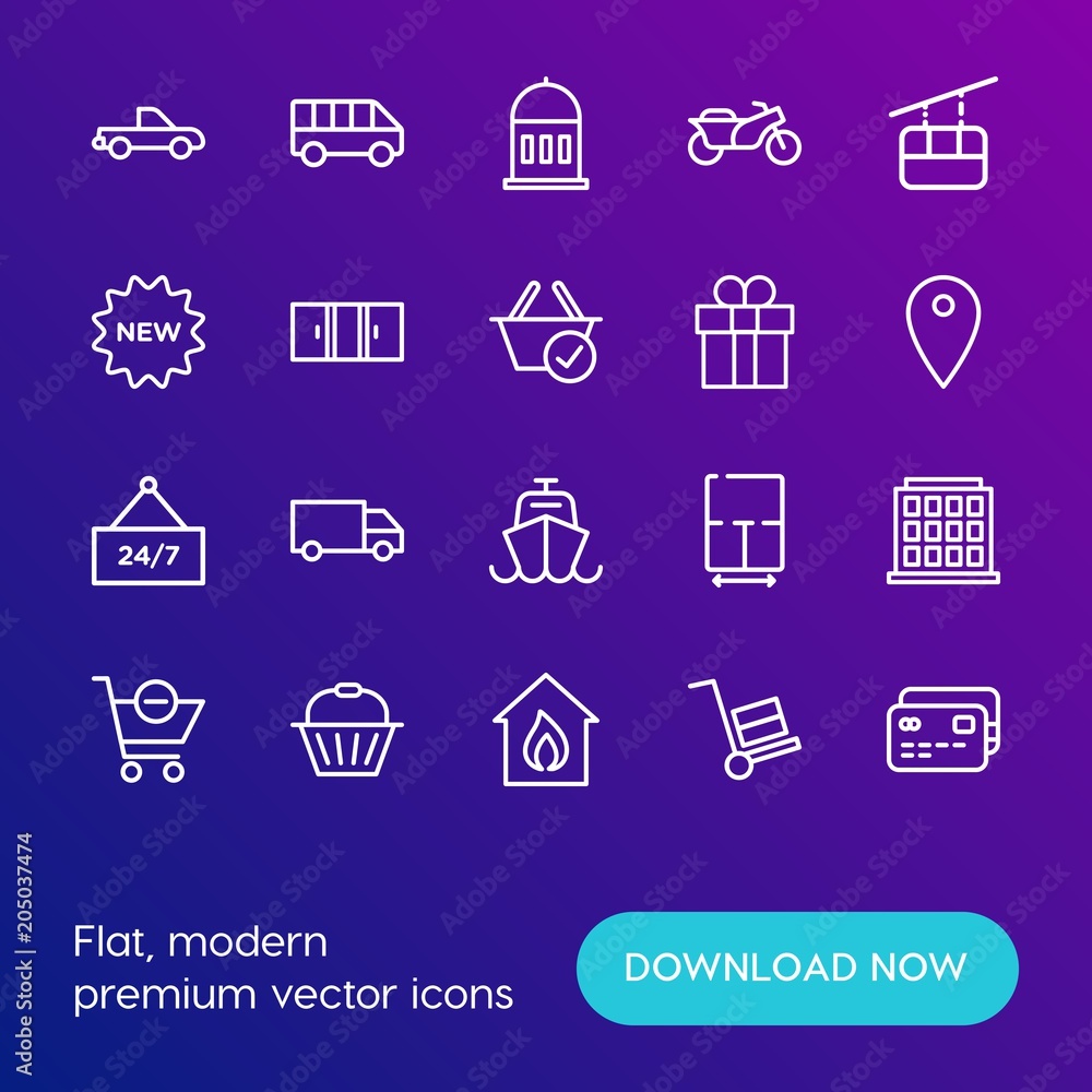 Modern Simple Set of transports, shopping, buildings Vector outline Icons. Contains such Icons as  home,  biker,  fire,  delivery,  card and more on gradient background. Fully Editable. Pixel Perfect.