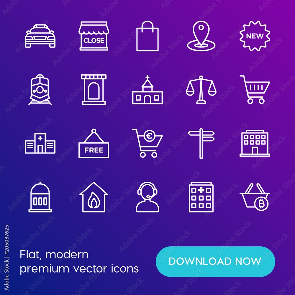 Modern Simple Set of transports, shopping, buildings Vector outline Icons. Contains such Icons as hospital, basket,  safety,  burn, road and more on gradient background. Fully Editable. Pixel Perfect.