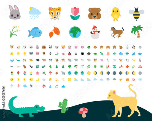 All type of nature, animals, wild world, life, plants, flora, fauna, zoo, weather, planet symbols, emojis, emoticons, stickers, flat vector illustrations, icons, cartoon, characters set, collection