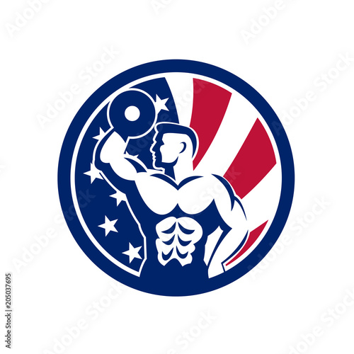 Icon retro style illustration of an American  fitness gym showing a bodybuilder lifting dumbbell  with United States of America USA star spangled banner or stars and stripes flag inside circle.