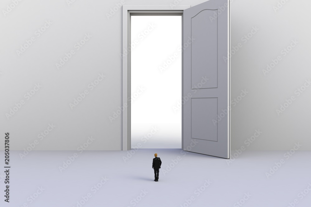 Success concept with businessman, Image of miniature businessman standing in front of open white door on white wall background, 3D rendering