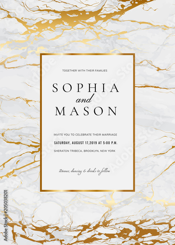 Luxury wedding invitation cards with gold marble texture and geometric pattern vector design template
