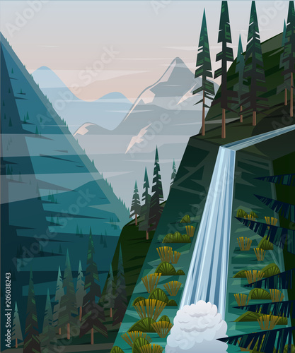 Landscapes with mountains, waterfall and fir trees. Vector illustration 
