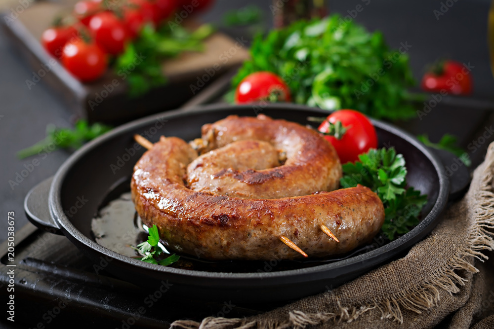 Homemade sausage barbecue. Picnic menu. Festive food Homemade sausage barbecue. Picnic menu. Festive food