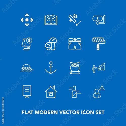 Modern, simple vector icon set on blue background with education, online, sunrise, web, landscape, bird, beauty, technology, paper, building, estate, presentation, rudder, makeup, growth, sun icons