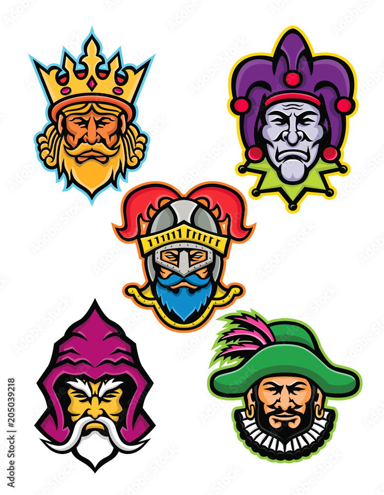 Mascot icon illustration set of heads of the European medieval royal court figures like the king or monarch, court jester or fool, knight, wizard or sorcerer and the minstrel viewed from front on isol
