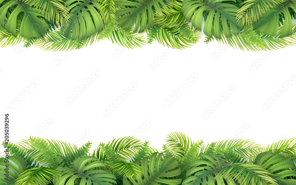 Naklejka premium Horizontal tropical border with leaves of monstera, fern and palm tree. Design element for card, advertisement of vacation or invitation.