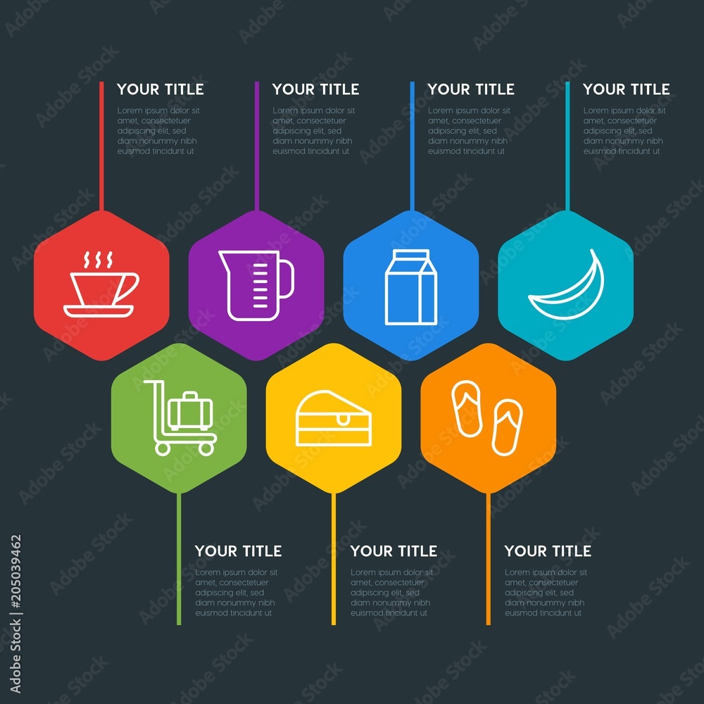 Flat geometric food, drinks, travel infographic steps template with 7 options for presentations, advertising, annual reports Flat geometric food, drinks, travel infographic steps template with 7 options for presentations, advertising, annual reports