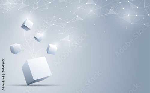 The cubes connecting to abstract geometric polygonal with connecting dots and lines. abstract science and technology background. Big data and Internet connection concept. Vector illustration.