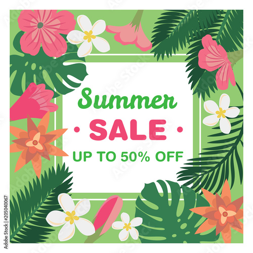 Summer sale - special offer banner template with tropical flowers and leaves, vector illustration