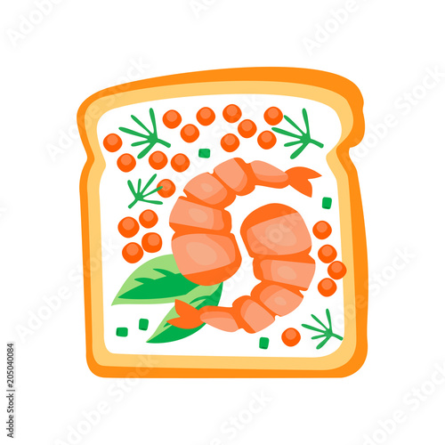 Sandwich with shrimps, red caviar and leaves of basil. Delicious toasted bread. Fast food theme. Flat vector design