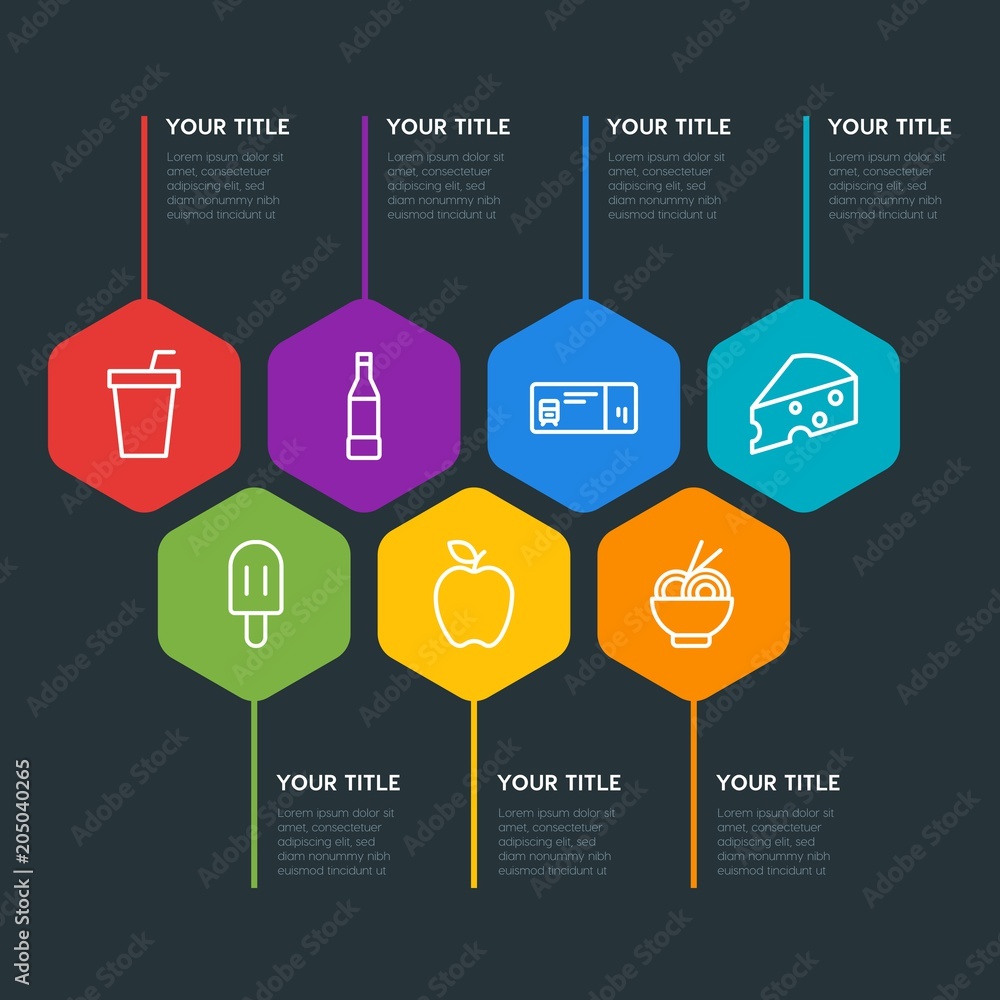 Fotografie Flat geometric food, drinks, travel infographic steps template with 7 options fo