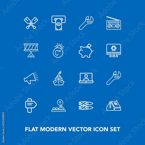 Modern, simple vector icon set on blue background with equipment, machine, bullet, web, video, water, construction, voice, paddle, tool, arrow, spanner, way, speaker, loud, communication, button icons