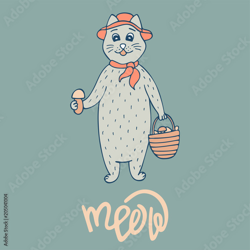 Cute  hand-drawn cat mushroom picker with a basket with mushrooms.