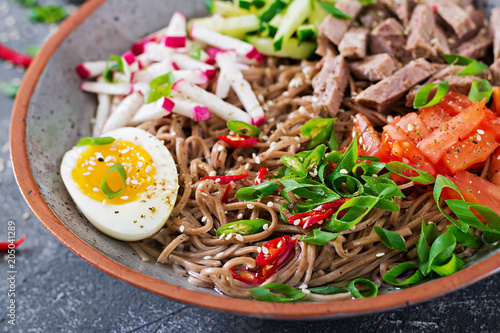 Buckwheat noodles  with beef, eggs and vegetables. Korean food.  Buckwheat pasta soup.