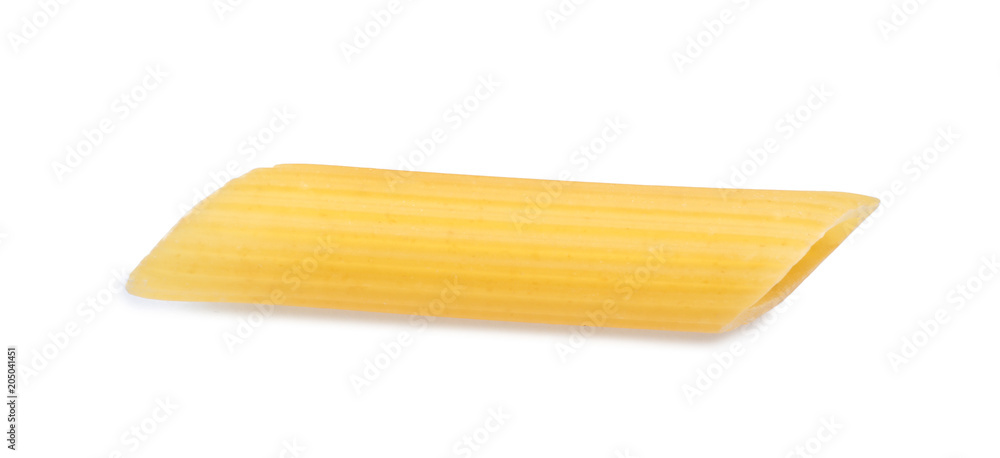 Uncooked penne pasta on white background, top view