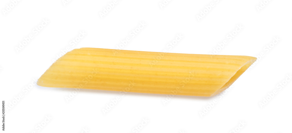 Uncooked penne pasta on white background, top view Uncooked penne pasta on white background, top view