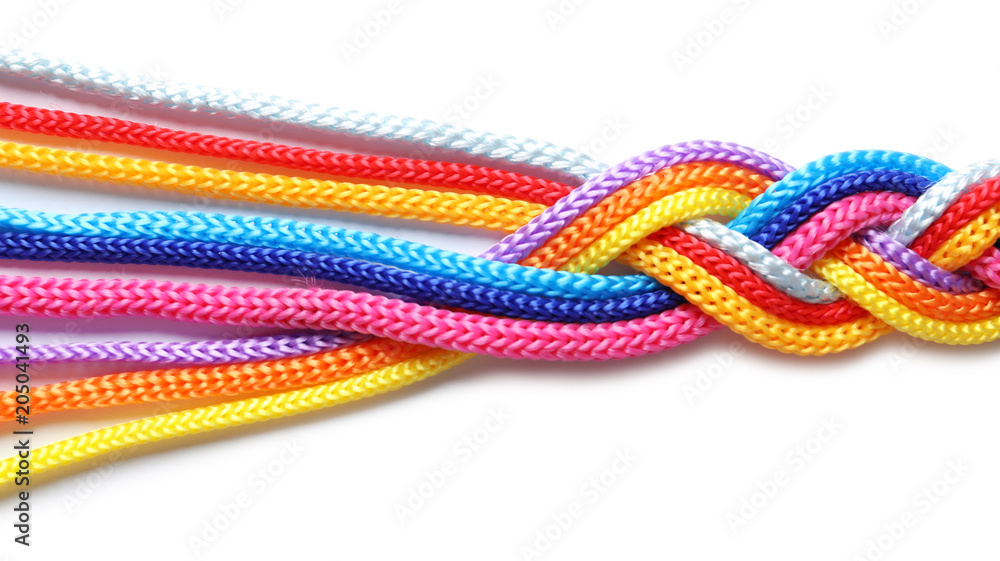Braided colorful ropes on white background. Unity concept - obrazy, fototapety, plakaty 