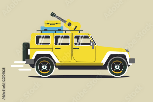 Vector modern yellow vehicle. Tourism design.Travel by car. Retro travel car background