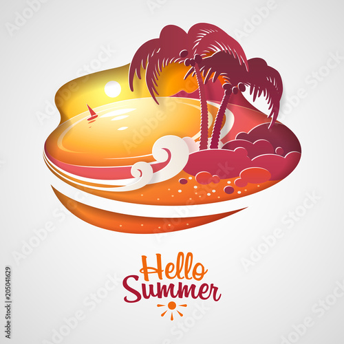 Hello Summer. Landscape - seacoast with palm trees on the background of sunset in warm time of the year. Paper art style.