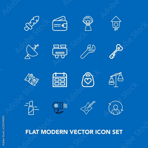 Modern, simple vector icon set on blue background with travel, schedule, balance, money, wallet, location, scale, music, person, calendar, hair, timetable, fan, blade, quality, white, beauty icons