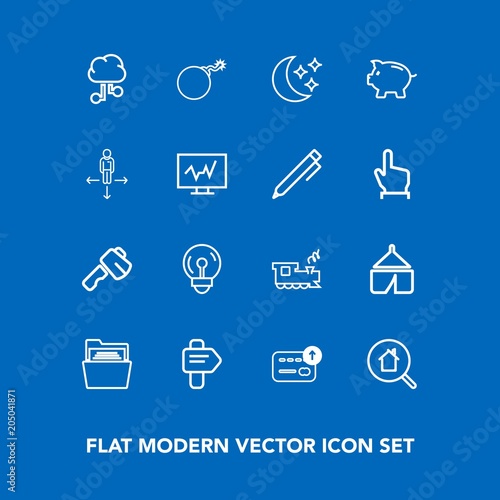 Modern, simple vector icon set on blue background with transport, tool, transportation, money, way, real, light, bomb, adventure, electric, search, currency, falling, network, energy, arrow, war icons